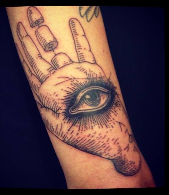 Black Ink Eye With Hand Tattoo Design For Sleeve