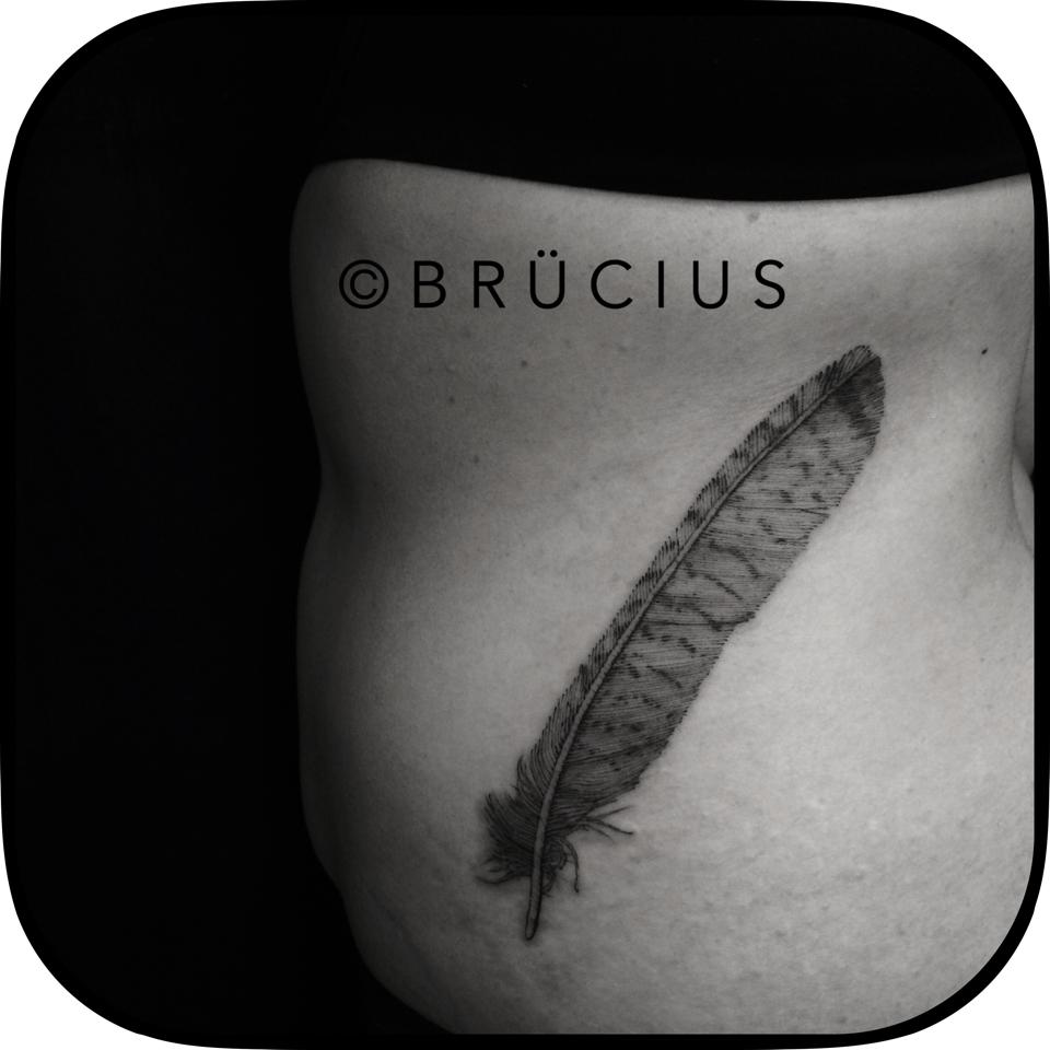Black Ink Feather Tattoo On Left Side Rib By Brucius