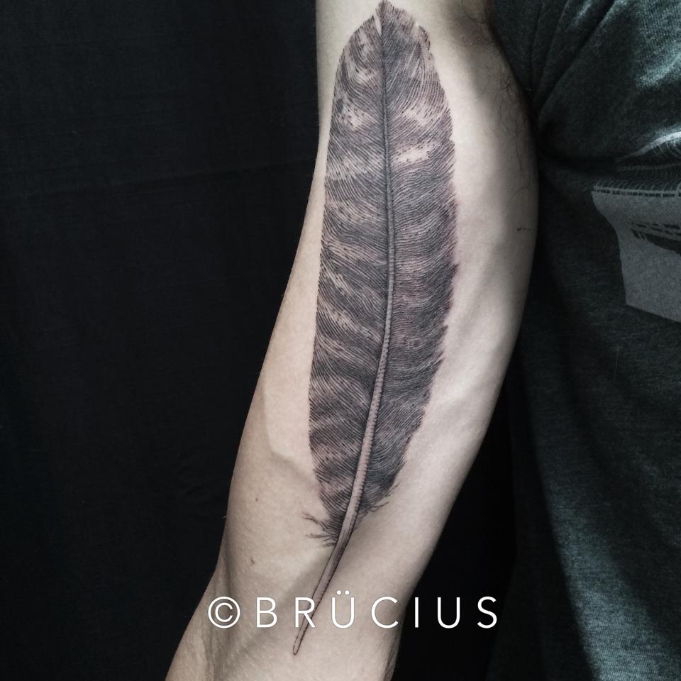 Black Ink Feather Tattoo On Right Bicep