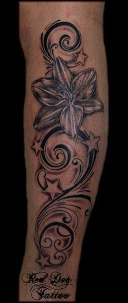 Black Ink Flower With Stars Tattoo On Left Arm