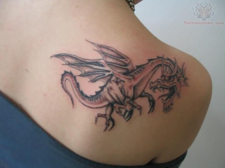 Black Ink Flying Dragon Tattoo On Right Back Shoulder