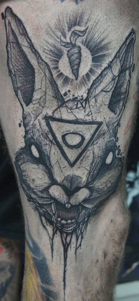 Black Ink Geometric Rabbit Head Tattoo Design For Half Sleeve