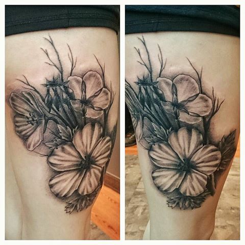 Black Ink Geranium Flowers Tattoo On Right Side Thigh
