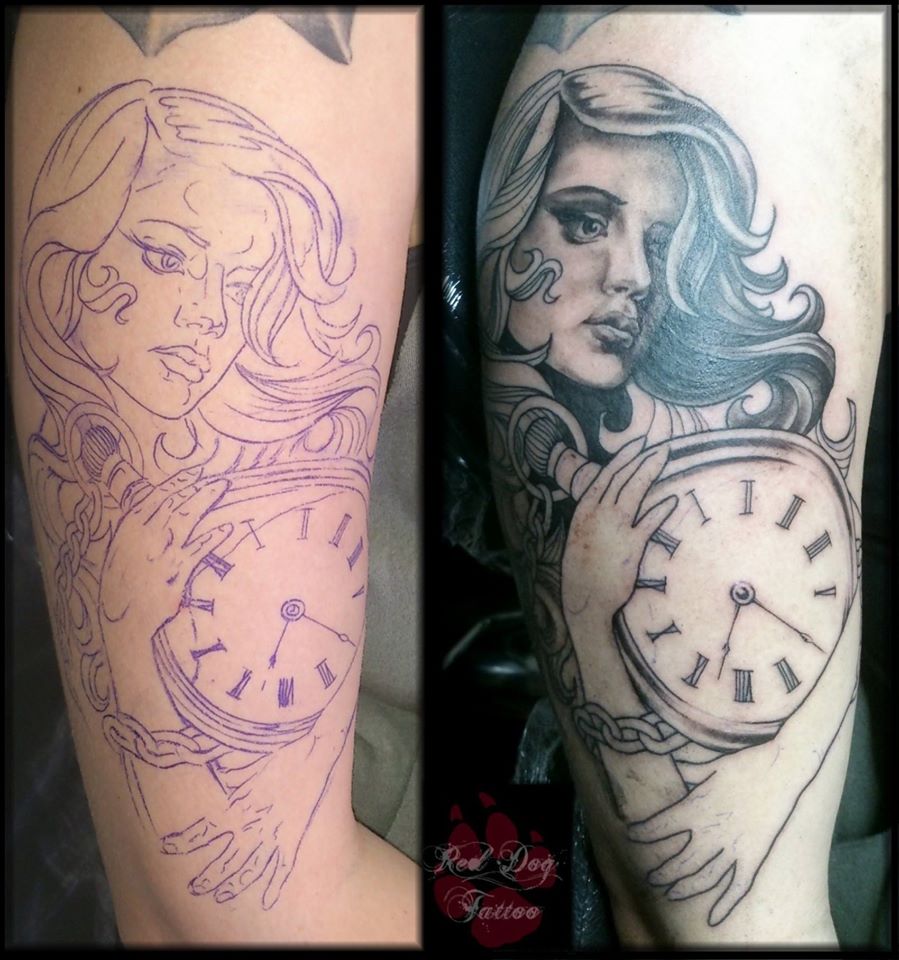 Black Ink Girl With Pocket Watch Tattoo On Right Half Sleeve