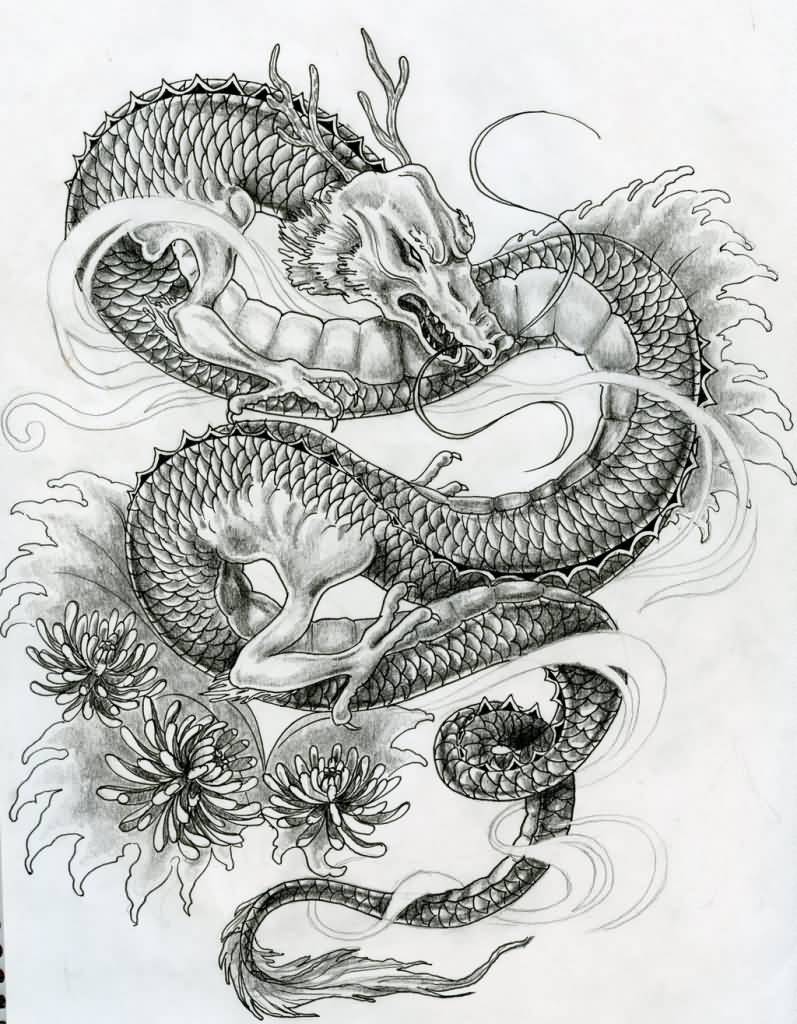Black Ink Japanese Dragon With Flowers Tattoo Design By ZakariasEatWorld