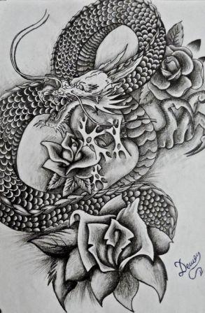 Black Ink Japanese Dragon With Roses Tattoo Design By Dtattwo