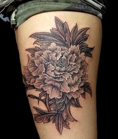 Black Ink Japanese Peony Flower Tattoo Design For Thigh