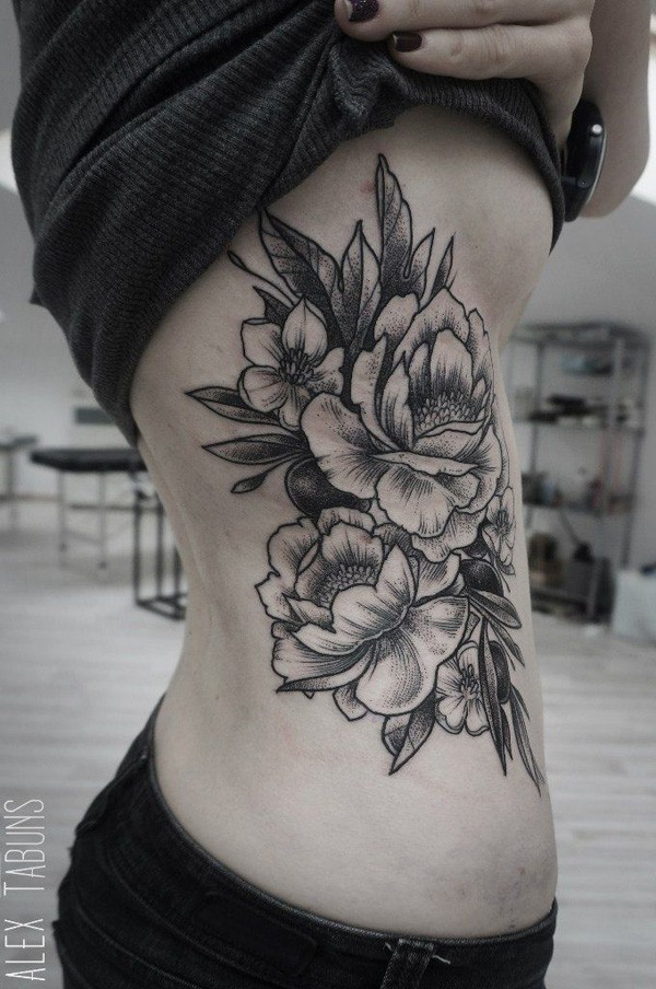 Black Ink Japanese Peony Flower Tattoo On Right Side Rib
