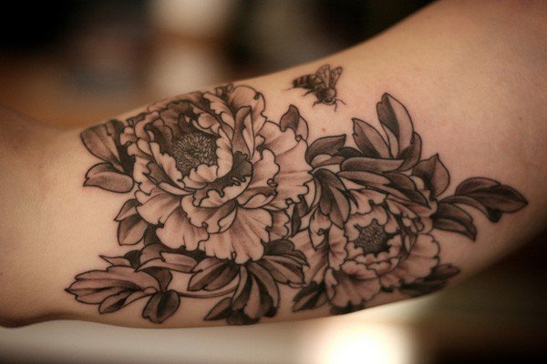 Black Ink Japanese Peony Flowers Tattoo On Right Bicep