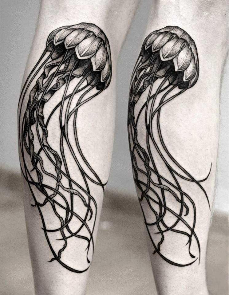 Black Ink Jellyfish Tattoo On Leg Calf By Bartosz Wojda