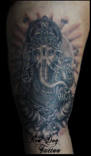 Black Ink Lord Ganesha Tattoo Design For Sleeve