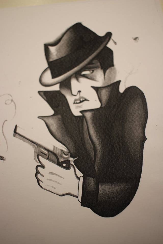 Black Ink Man With Gun Tattoo Design