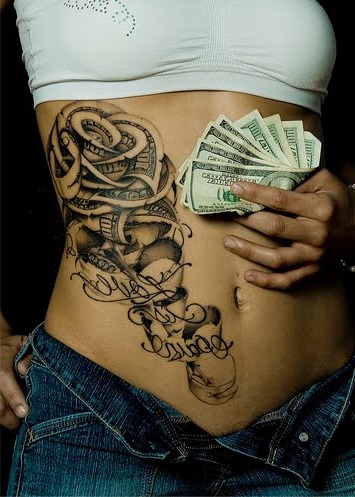 Black Ink Money Rose Tattoo On Women Right Side Rib