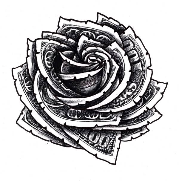 Black Ink Money Rose Tattoo Design