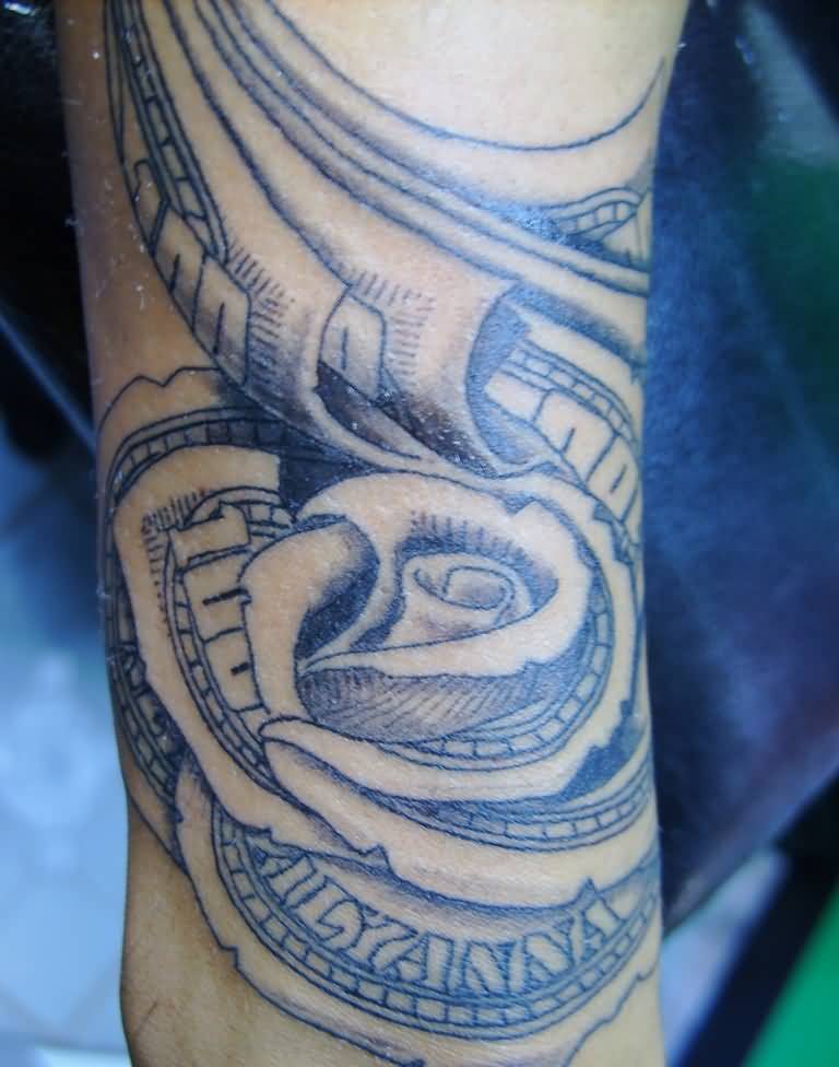 Black Ink Money Rose Tattoo On Half Sleeve