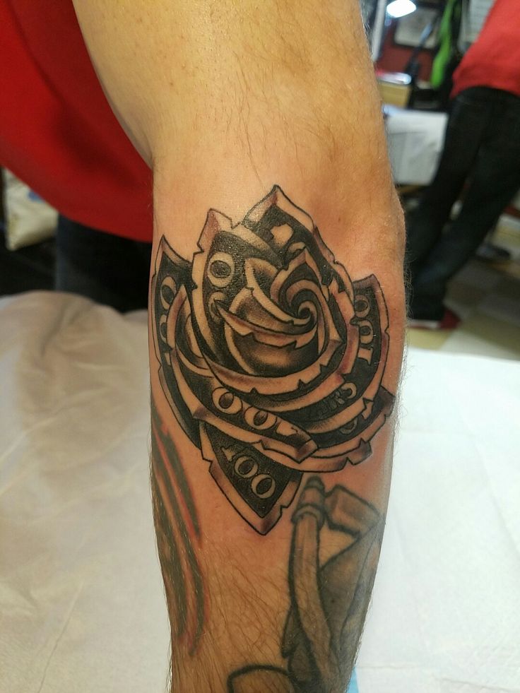 Black Ink Money Rose Tattoo On Left Arm By Brittanie Leigh