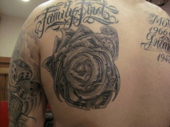 Black Ink Money Rose Tattoo On Left Back Shoulder