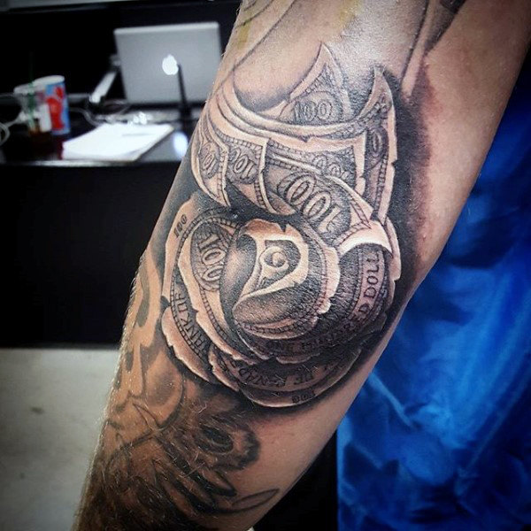 Black Ink Money Rose Tattoo On Left Elbow