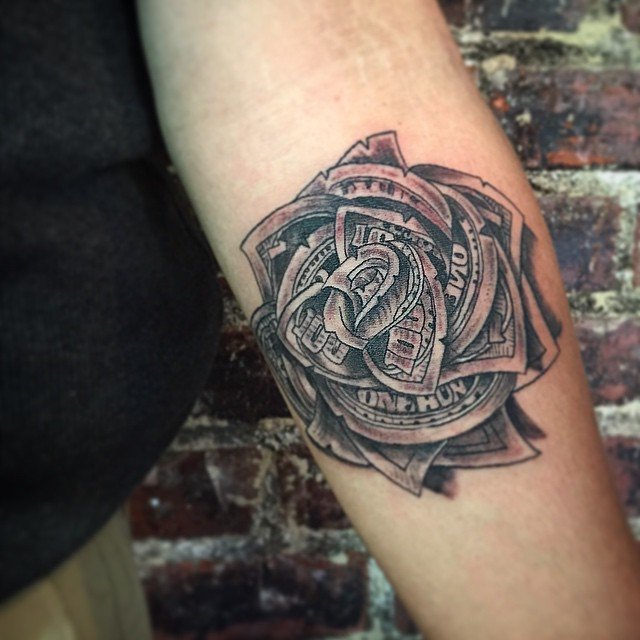 Black Ink Money Rose Tattoo On Left Forearm