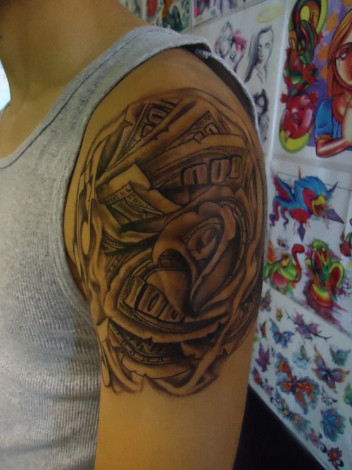 Black Ink Money Rose Tattoo On Left Shoulder