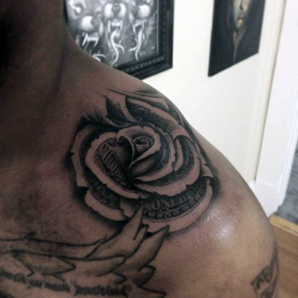 Black Ink Money Rose Tattoo On Left Upper Shoulder