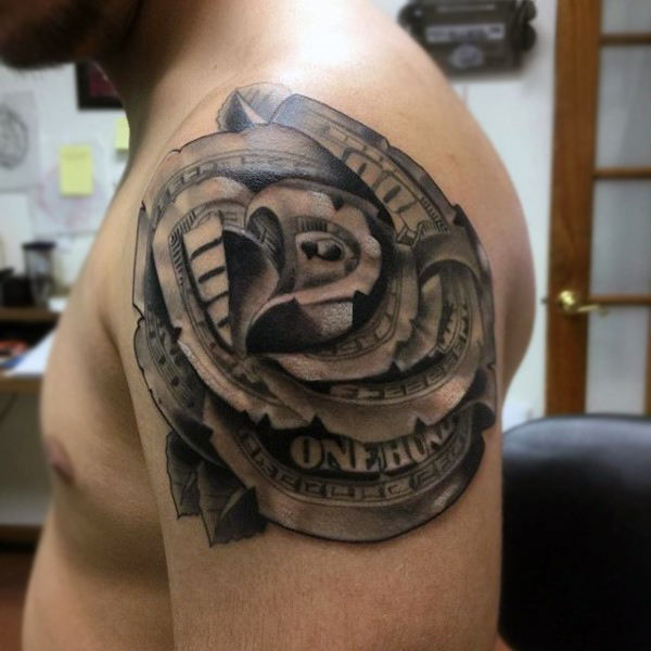 Black Ink Money Rose Tattoo On Man Left Shoulder