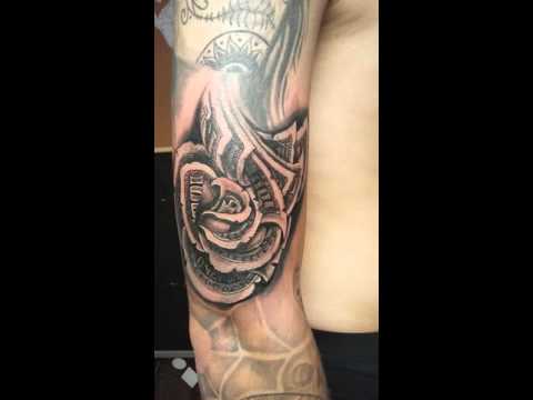 Black Ink Money Rose Tattoo On Man Right Half Sleeve By Robson
