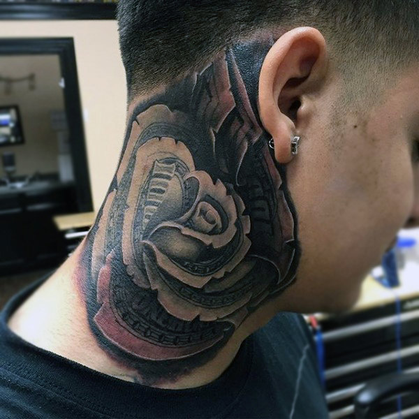 Black Ink Money Rose Tattoo On Man Right Side Neck