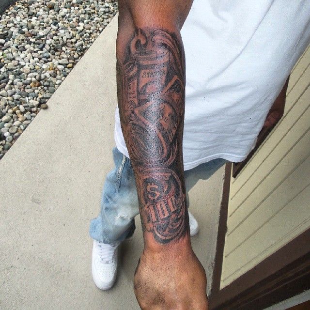 Black Ink Money Rose Tattoo On Right Arm