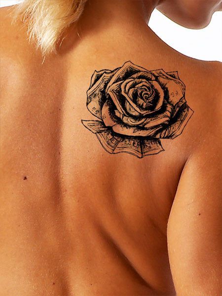 Black Ink Money Rose Tattoo On Right Back Shoulder