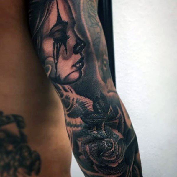 Black Ink Money Rose Tattoo On Right Elbow