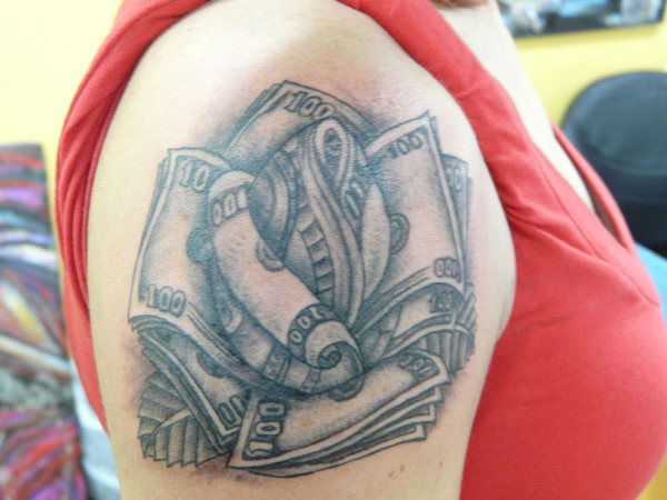 Black Ink Money Rose Tattoo On Right Shoulder By Remvik
