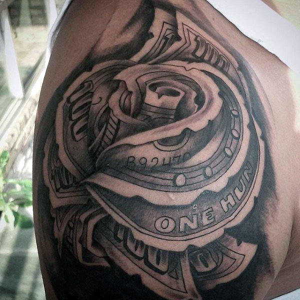 Black Ink Money Rose Tattoo On Shoulder