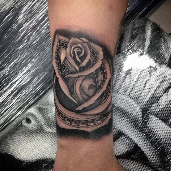 Black Ink Money Rose Tattoo On Upper Wrist