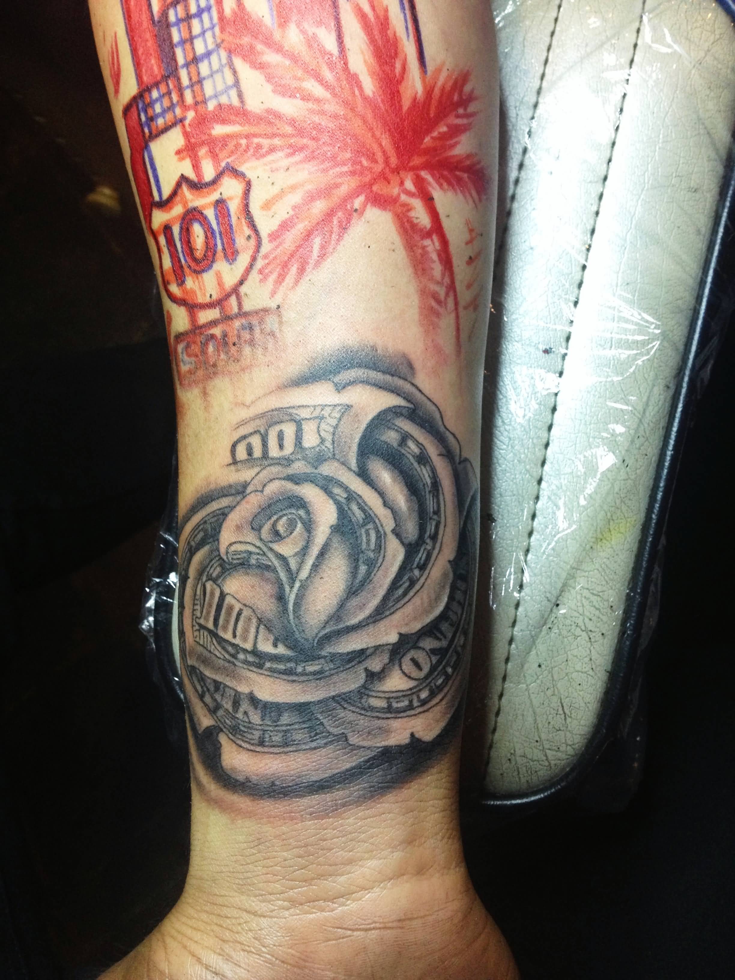 Black Ink Money Rose Tattoo On Wrist
