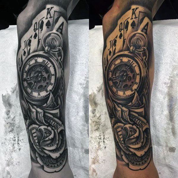 Black Ink Money Rose With Pocket Watch Tattoo On Sleeve