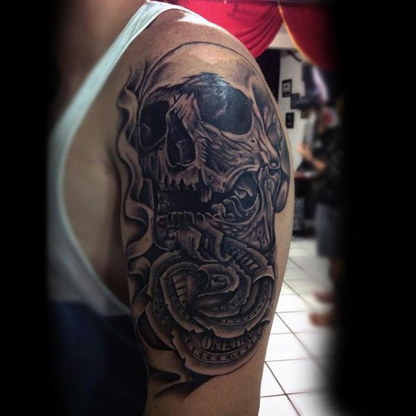 Black Ink Money Rose With Skull Tattoo On Left Shoulder