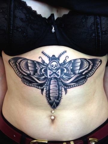 Black Ink Moth Tattoo On Women Stomach By Sam Ricketts