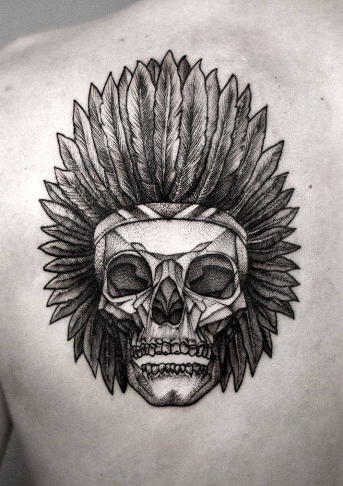 Black Ink Native Skull Tattoo On Left Back Shoulder By Bartosz Wojda