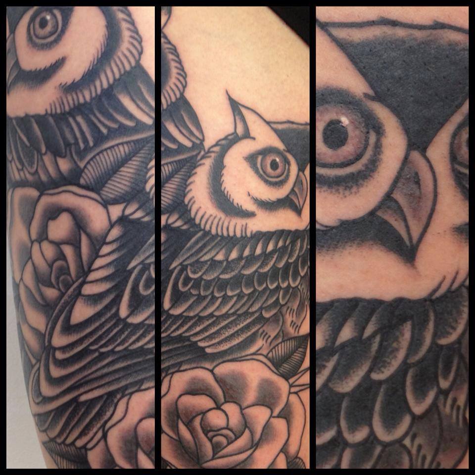 Black Ink Owl With Roses Tattoo Design By Jay Thurley