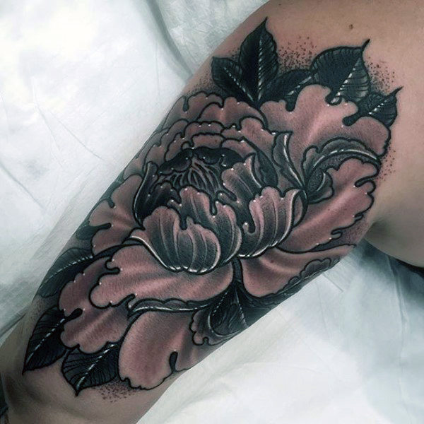 Black Ink Peony Flower Tattoo Design For Bicep