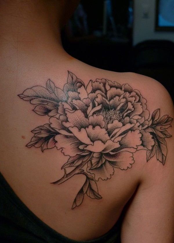 Black Ink Peony Flower Tattoo On Right Back Shoulder