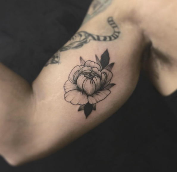 Black Ink Peony Flower Tattoo On Right Bicep By Sarb