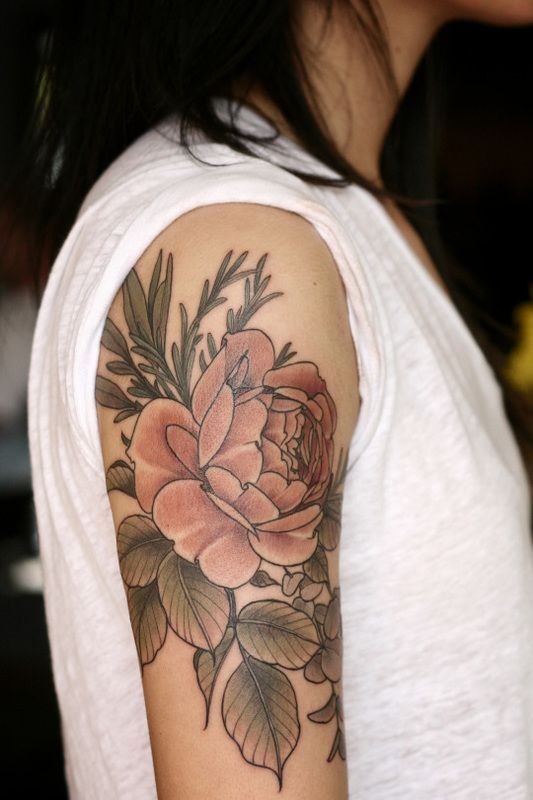 Black Ink Peony Flower Tattoo On Right Half Sleeve