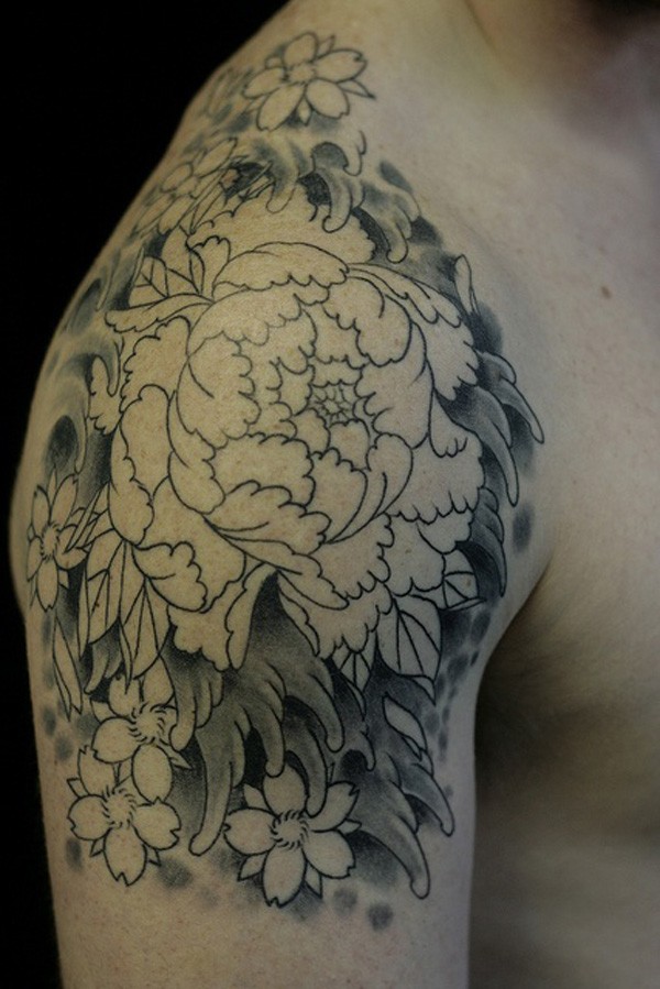 Black Ink Peony Flower Tattoo On Right Shoulder
