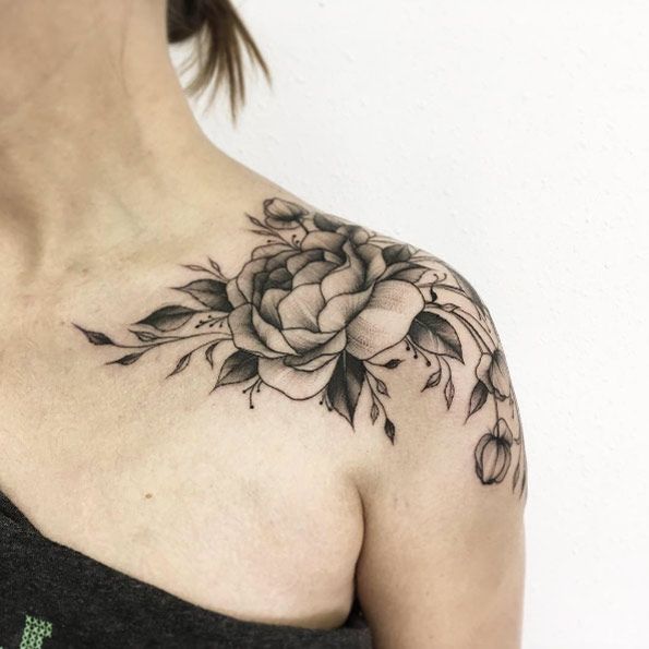 Black Ink Peony Flower Tattoo On Women Left Shoulder
