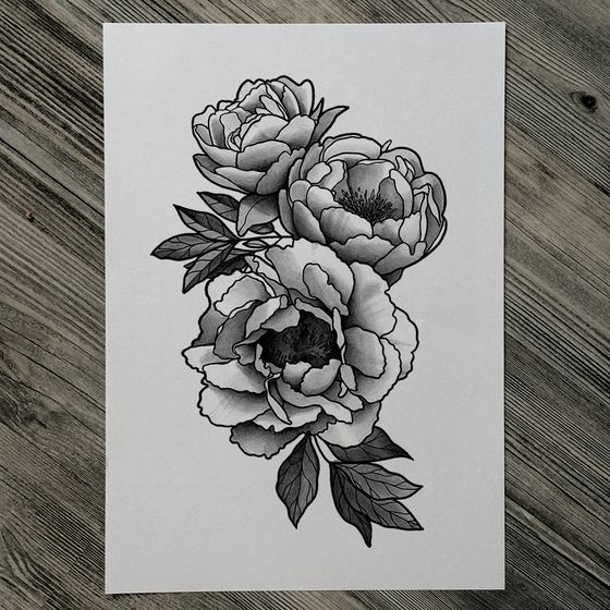 Black Ink Peony Flowers Tattoo Design By lindsey