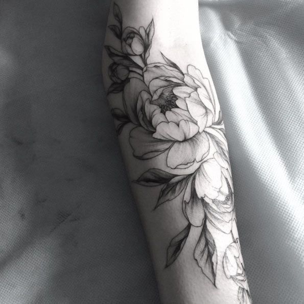 Black Ink Peony Flowers Tattoo Design For Sleeve