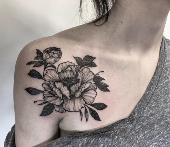 Black Ink Peony Flowers Tattoo On Girl Right Front Shoulder