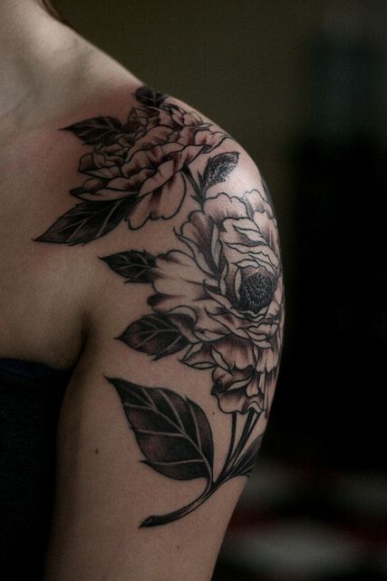 Black Ink Peony Flowers Tattoo On Left Shoulder